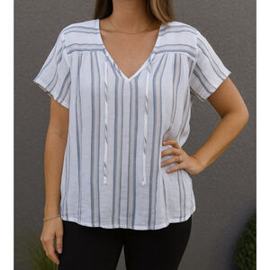 Rails Striped Linen Blend Top Size Large Short Sleeve Boho Casual Blouse